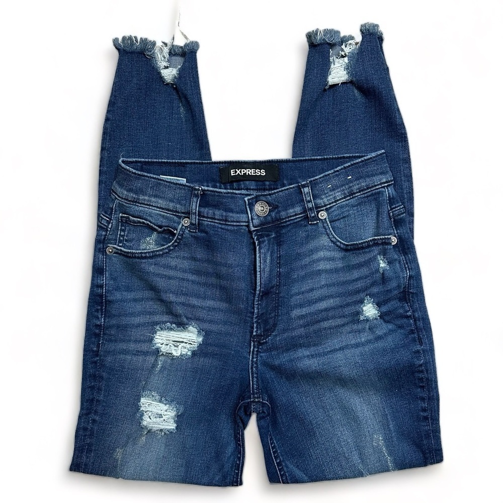 Express Dark Blue Stone Wash High Waisted Distressed Denim Women Jeans Sz 27